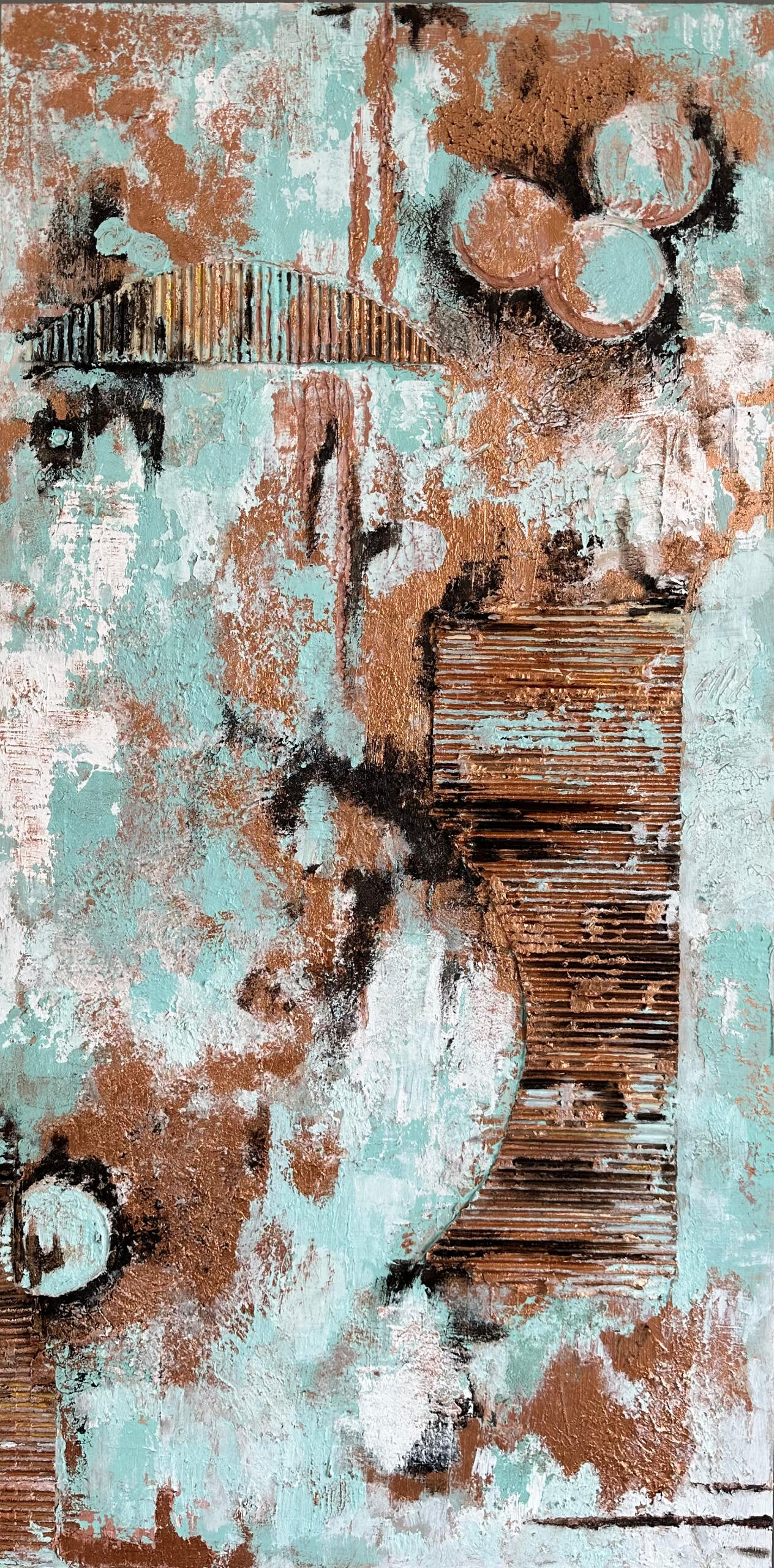 Roseate Firmament. Abstract- mixed media on wood panel (June 2023) 20W x 40H x 2D in