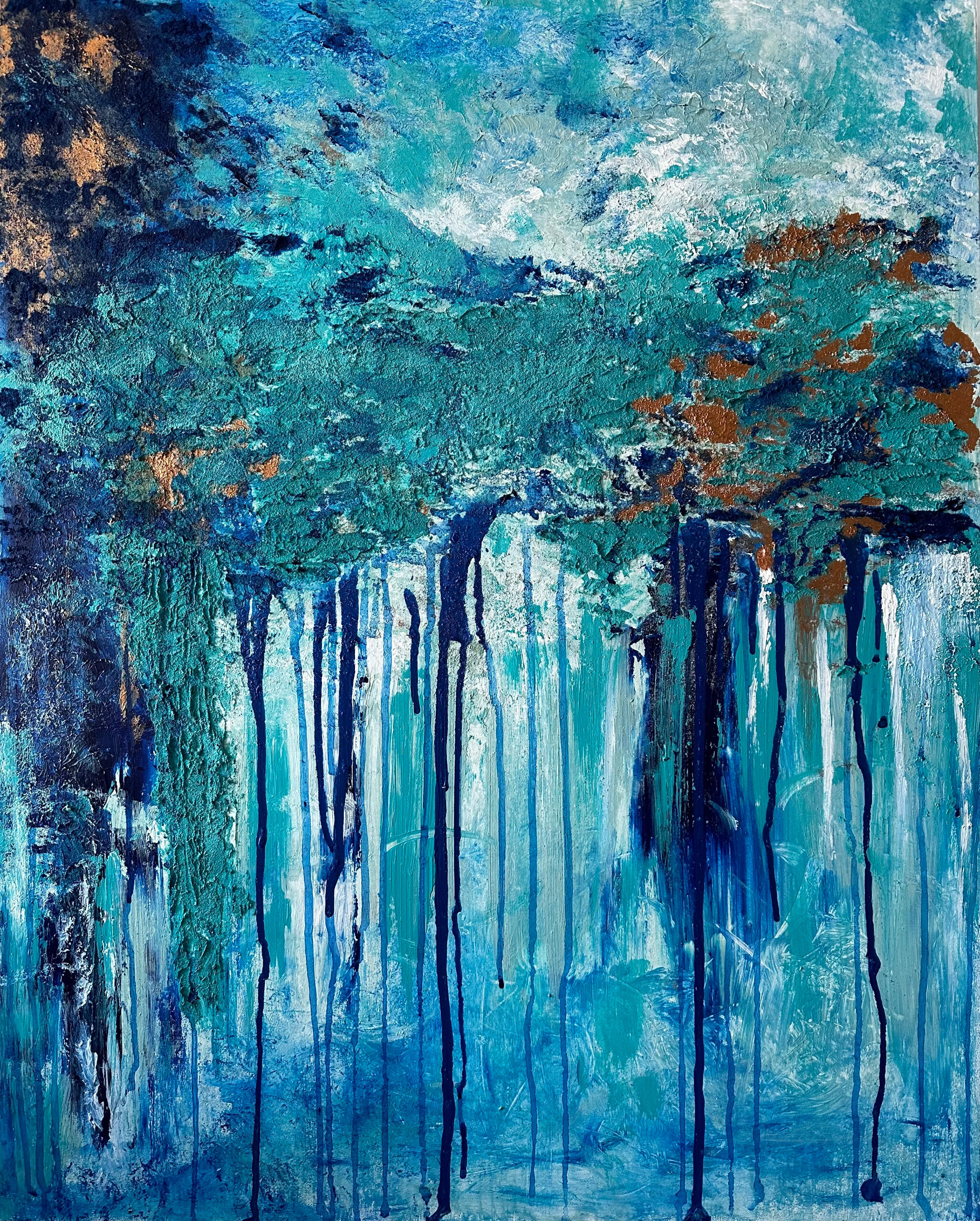 Reflected skyline- Abstract Oil and cold was on canvas